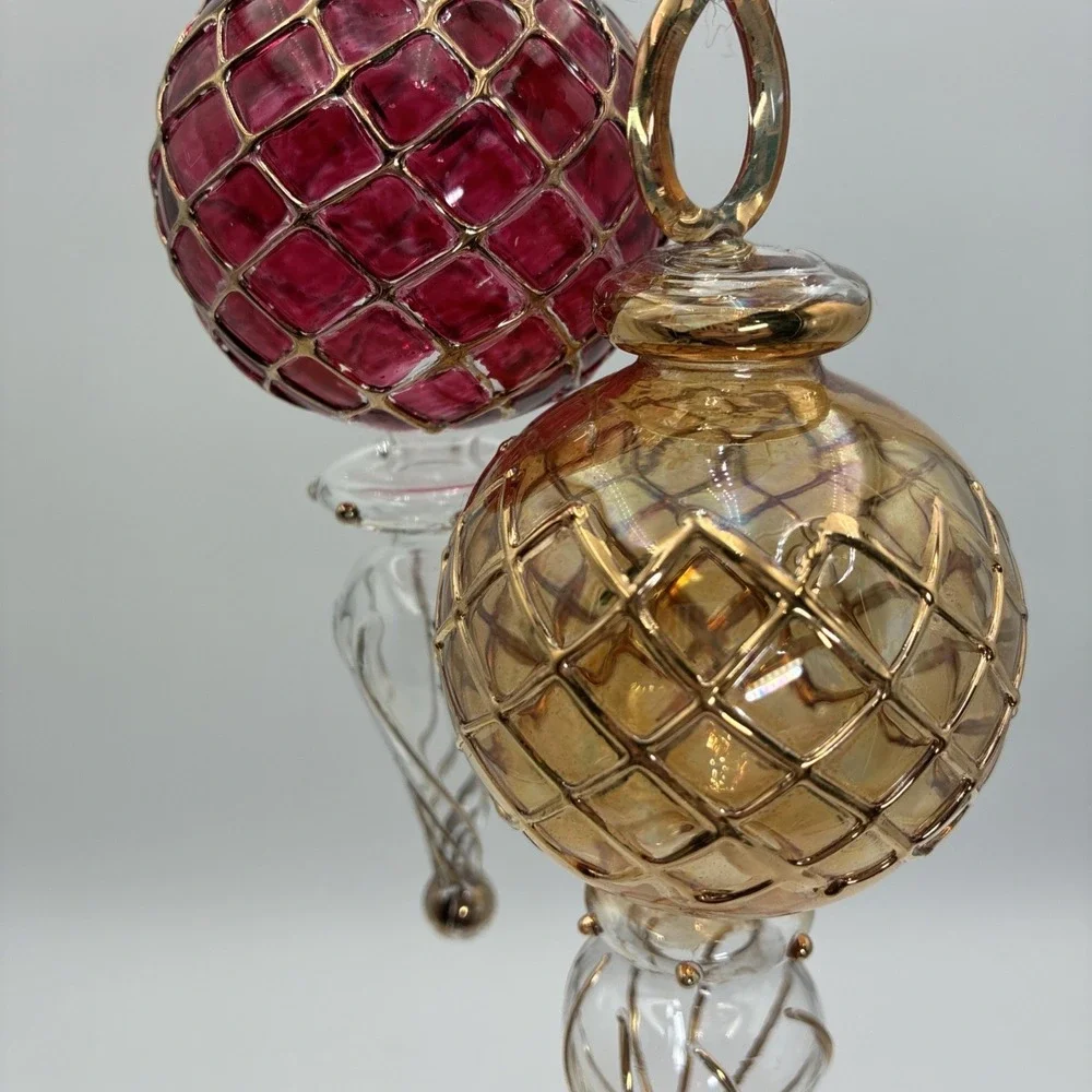 Vintage Hand Blown Glass Finial Christmas Ornaments Red Gold Lattice Set of 2